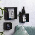 Melannco Floating Wall Square Cube Shelves for Bedroom Living Room Bathroom Kitchen Wood Set of 3 Black