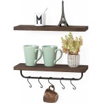 Mkono Floating Shelves Wall Mounted Set of 2 Rustic Wood Bathroom Storage Shelf with Removable Towel Bar and 8 Hooks- Home Decor Organizer for Living Room Bedroom Kitchen