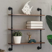 MOCOME Industrial Pipe Shelving 27.5" W Rustic Floating Wood Shelf Wall Mounted Farmhouse Industrial Shelves with Natural Solid Pine Wood Plank for Bathroom Living Room Kitchen 3 Tier Brown