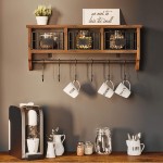 Rolanstar Wall Mounted Shelf with Hooks Entryway Organizer Shelf with Storage Cabinets Wall Mount Coat Rack with 6 Hooks 24” Hanging Coffee Bar Shelf for Living Room Bathroom Kitchen Rustic Brown