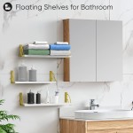 White Floating Shelves for Wall,Wall Shelves with Yellow Golden Metal Brackets-White Shelves Set of 3 for Bedroom Bathroom Living Room KitchenWhite