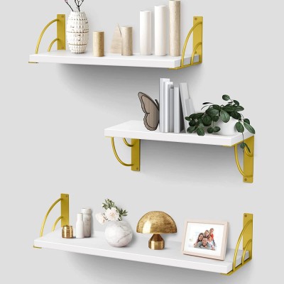White Floating Shelves for Wall,Wall Shelves with Yellow Golden Metal Brackets-White Shelves Set of 3 for Bedroom Bathroom Living Room KitchenWhite