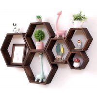 WONFUlity Hexagon Floating Shelves Set of 6 Wall Mounted Wood Farmhouse Storage Honeycomb Wall Shelf  Hexagonal Decor Wall Shelves for Bedroom Living Room Office Screws Anchors Included Walnut