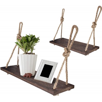 Yankario Rope Hanging Floating Shelves Rustic Wood Wall Decor Swing Shelf with 4 Hooks Pack of 2