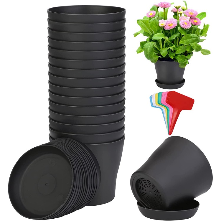 ADXCO 16 Pack 4 Inch Plastic Planters Assorted Flower Plant Pots Seedling Nursery Pots with Tray Outdoor Indoor Plants for Seedling Transplanting Cutting Black