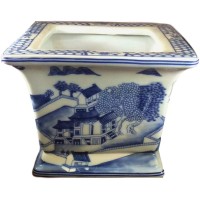 Asian Caravan Blue and White Chinese Porcelain Square Planter