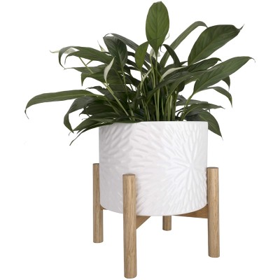 Ceramic Plant Pot with Wood Stand 8 Inch White Cylinder Floral Pattern Embossed Flower Pot Indoor with Wooden Planter Holder