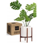 Ceramic Planter with Stand by FineIris Mid Century Plant Pot Set Includes 10” Ceramic Pot & Bamboo Plant Stand Planters for Indoor Plants Flowers Fiddle Leaf Fig Tree Snake Plant & Peace Lily