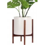 Ceramic Planter with Stand by FineIris Mid Century Plant Pot Set Includes 10” Ceramic Pot & Bamboo Plant Stand Planters for Indoor Plants Flowers Fiddle Leaf Fig Tree Snake Plant & Peace Lily