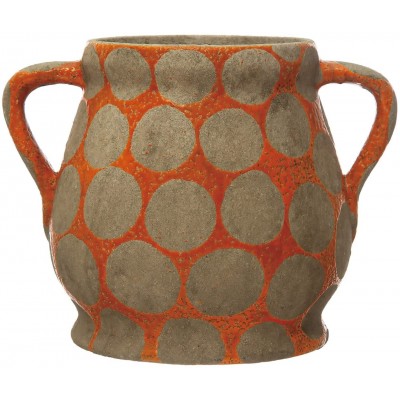 Creative Co-Op Decorative Terra-Cotta Wax Relief Dots and Handles Planter Pot 11" L x 8" W x 8" H Orange