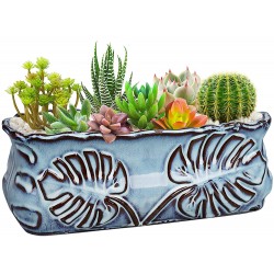 Fivepot 10 Inch Blue Ceramic Flower Pot Rectangular Planter for Succulent Arrangement Herb Plants Indoor and Outdoor with Drainage Hole