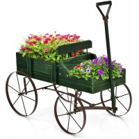 Giantex Decorative Garden Planter Small Wagon Cart with Metal Wheels Wood Raised Beds Plant Pot Stand for Backyard Garden Patio 24.5"x13.5"x24" Green