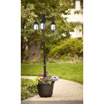 Large 18" Outdoor Round Planter with 3-Head LED Solar Lamp Post Lights Black