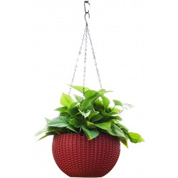 MORITIA Self Watering Hanging Planter for Indoor and Outdoor Wicker Design Plant Basket with Chain and Water Level Indicator Gauge 10 inch in Diameter Red