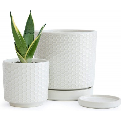 Set of 2 Modern Matte White Honeycomb Embossed Ceramic Planter Pot with Saucer and Drainage Hole 4 Inch & 6 Inch 99-91-BE