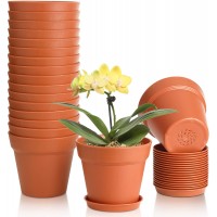 T4U 5 Inch Plastic Planters 18-Pack Small Plant Pot with Drainage Hole and Saucer Decorative Nursery Flower Pot Bulk for African Violet Snake Plant Aloe and All House Plants Indoor Terracotta