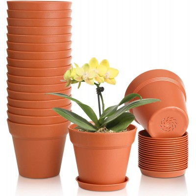 T4U 5 Inch Plastic Planters 18-Pack Small Plant Pot with Drainage Hole and Saucer Decorative Nursery Flower Pot Bulk for African Violet Snake Plant Aloe and All House Plants Indoor Terracotta