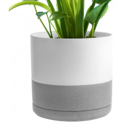 UMIAMOY 10inch Modern Cylinder Matte Ceramic Planter Pot with Drainage Hole and Saucer  Planter Pot for Indoor Outdoor Plants Flowers  White Gray