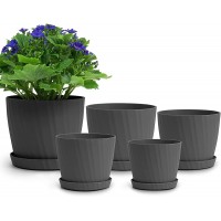 Warmplus Plastic Planter for Indoor Plants 7.5 6.5 6 5.5 4.5 Inch Flower Pot with Drainage Hole and Tray for All House Garden Flowers Succulents Grey Set of 5