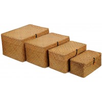 4 Pack Wicker Baskets with Lids Nautral Seagrass Storage Baskets Woven Rectangular Basket Bins Rattan Storage Organizer for Shelf