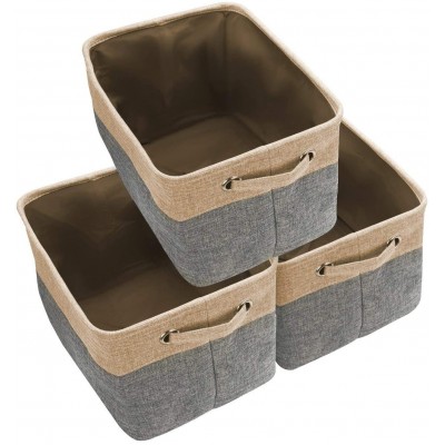 Awekris Foldable Storage Bin Basket Set [3-Pack] Canvas Fabric Collapsible Organizer With Handles Storage Cube Box For Home Office Closet Grey Tan Grey