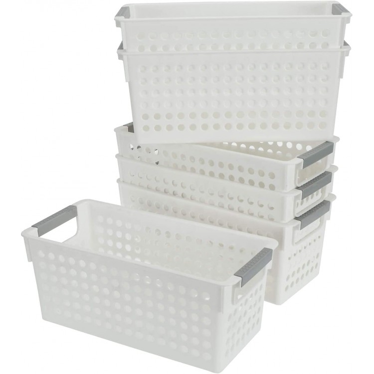 Bekith 6 Pack Plastic Storage Basket Slim White Organizer Tote Bin Shelf Baskets for Closet Organization De-Clutter Accessories Toys Cleaning Products
