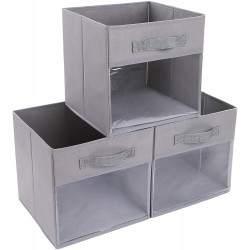 DIMJ Cube Storage Bins 3 Packs Clear Window Fabric Storage Bin Organizer for Closet Shelves Home Storage Cubes Organizer with Handles