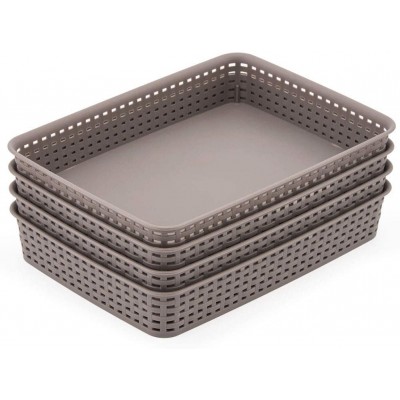 EZOWare Pack of 4 Large Gray Plastic Woven Storage Basket Trays 13.8 x 9.8 x 2.4 inch Knitted Drawer Divider Organizer Basket Bins