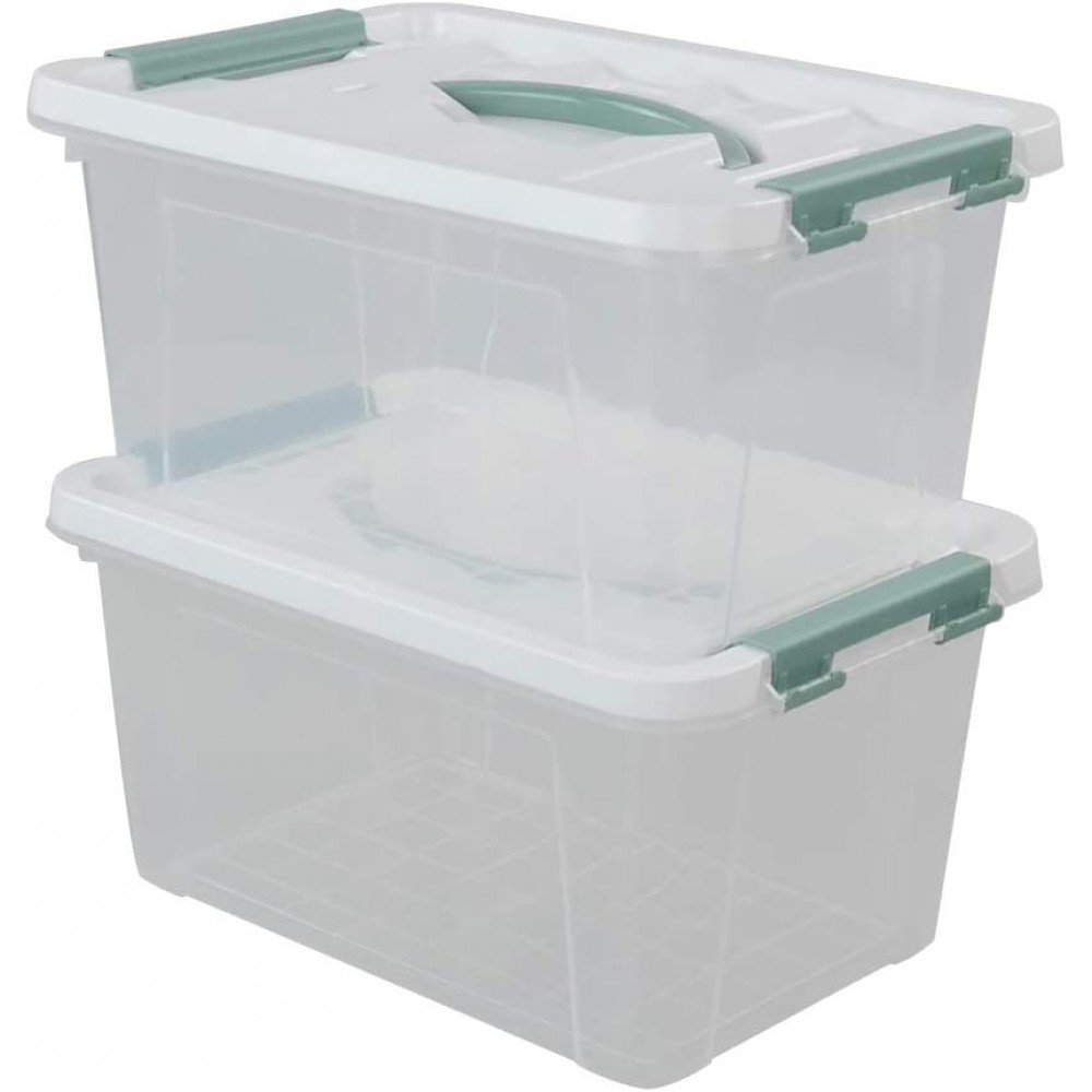 Gloreen 6 Quart Clear Storage Bins with Lid and Green Handle Multipurpose Stackable Plastic Storage Latches Box Containers Set of 2