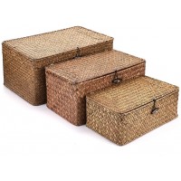 Hipiwe Set of 3 Natural Seagrass Storage Baskets with Lid Large Handwoven Wicker Storage Bins Rectangular Household Organizer Boxes Shelf Wardrobe Organizer Coffee