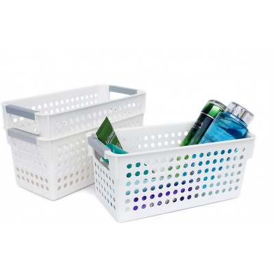 Honla Slim Plastic Storage Baskets Bins Organizer with Gray Handles,Set of 3,White