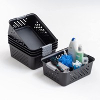 IRIS USA OSB Plastic Storage Shelf Basket Pantry Bins-Household Organizers with Handles for -Kitchen Countertops Cabinets Bedrooms and -Bathrooms Medium 6PC Black 6 Pack