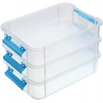 JuxYes 3-Tiers Stack Carry Storage Box With Divided Tray Transparent Stackable Storage Bin With Handle Lid Latching Storage Container for School & Office Supplies Blue