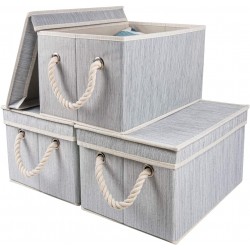 MDCGFOD Collapsible Storage Bins with Lids 3-Pack Decorative Storage Boxes with Lids Slubbed Fabric Organizer Containers Basket with Handle for Home Closet Office Nursery 14.96"x 10.82"x 8.4" Grey