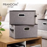 PRANDOM Large Foldable Storage Bins for Shelves [3-Pack] Decorative Linen Fabric Storage Baskets Cubes with Leather Metal Handles for Closet Nursery Office Grey and Black Trim 14.9x9.8x8.3 Inch