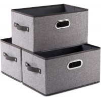 PRANDOM Large Foldable Storage Bins for Shelves [3-Pack] Decorative Linen Fabric Storage Baskets Cubes with Leather Metal Handles for Closet Nursery Office Grey and Black Trim 14.9x9.8x8.3 Inch
