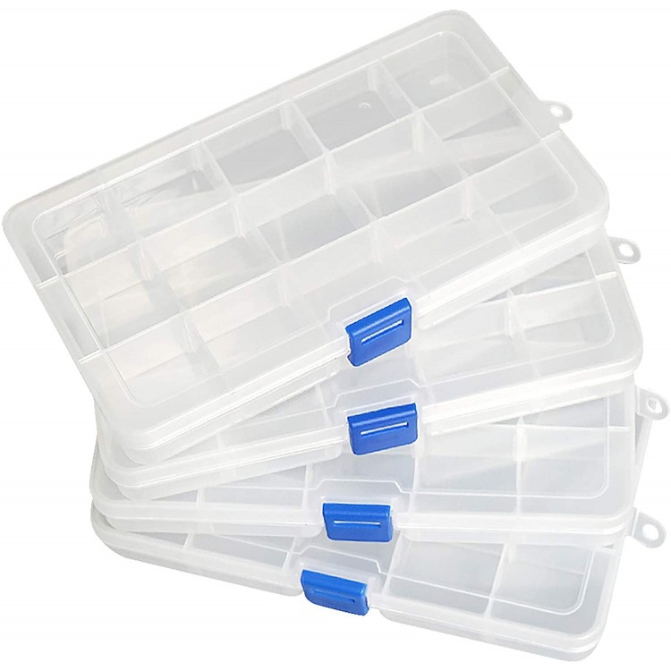 Qualsen 4 Pack Plastic Compartment Box with Adjustable Dividers Craft Tackle Organizer Storage Containers Box 15 Grid Clear