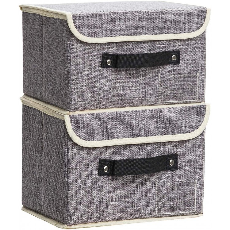Small Storage Bins with Lids 2 Pack Linen Collapsible Cube Storage Basket with Handle Jane's Home Foldable Fabric Storage Box with lids Organizer for Toys Clothes Closet Ornament Grey
