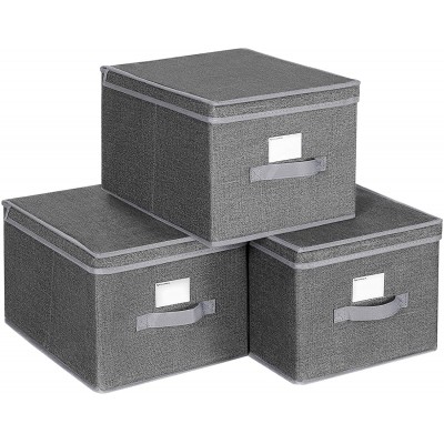 SONGMICS Set of 3 Fabric Storage Bins with Lids Foldable Storage Boxes with Lids Fabric Cubes with Label Holders Storage Bins Organizer 11.8 x 15.7 x 9.8 Inches Smoky Gray URYLB40G