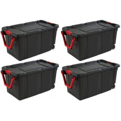 STERILITE 14699002 40 Gallon 151 Liter Wheeled Industrial Tote Black Lid & Base w Racer Red Handle & Latches 4 Pack