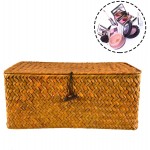 Timoo Handwoven Rattan Storage Basket,Large Size Seagrass Organizer Container with Lid for Makeup Clothes and Home Items