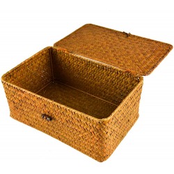 Timoo Handwoven Rattan Storage Basket,Large Size Seagrass Organizer Container with Lid for Makeup Clothes and Home Items