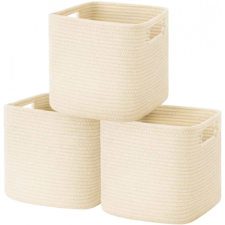 UBBCARE Cube Storage Bins Organizer Set of 3 Collapsible Cotton Rope Storage Baskets Decorative Woven Basket with Handles 11" H x 10.5" W x 10.5" D Beige
