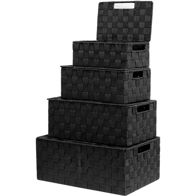 VK Living Storage Baskets Woven Basket Bin Container Tote Cube Organizer Set Stackable Storage Basket Woven Strap Shelf Organizer Built-In Carry Handles Lid Bins 4 Pack Black
