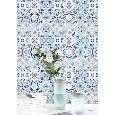 Dimoon 394’’x17.7’’ Thicken Wallpaper Peel and Stick Wallpaper Blue White Contact Paper Flower Tile Removable Wall Paper Waterproof Covering Embossed Self Adhesive Wallpaper Shelf Liner Vinyl Roll