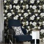 HaokHome 93169-1 Peel and Stick Gardenia Floral Wallpaper Removable Black White Green Vinyl Self Adhesive Mural 17.7in x 9.8ft