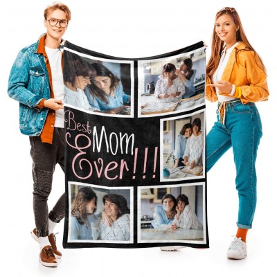 Best Mom Ever Custom Blanket with 5 Photos Personalized Picture Blanket Customized Gifts for Mom Grandma for Birthday Mother's Day Christmas 15 Colors Available 32"x48"