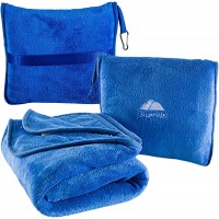 BlueHills Premium Soft Travel Blanket Pillow Airplane Blanket Packed in Soft Bag Pillowcase with Hand Luggage Belt and Backpack Clip Compact Pack Large Blanket for Any Travel Royal Blue T003