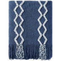 BOURINA Fluffy Chenille Knitted Fringe Throw Blanket Lightweight Soft Cozy for Bed Sofa Chair Throw Blankets Navy 50" x 60"