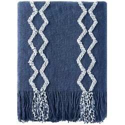 BOURINA Fluffy Chenille Knitted Fringe Throw Blanket Lightweight Soft Cozy for Bed Sofa Chair Throw Blankets Navy 50" x 60"